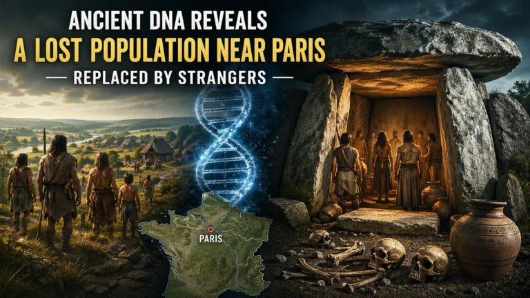 Illustration of ancient humans near a megalithic tomb showing population replacement mystery