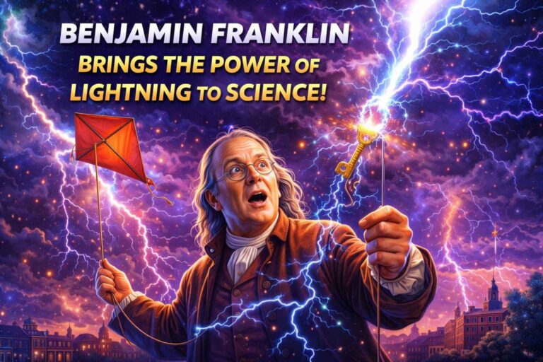 Benjamin Franklin kite experiment lightning electricity illustration for kids science article