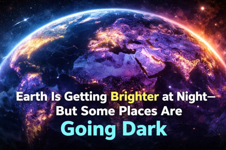 Satellite view of Earth at night showing bright and dark regions