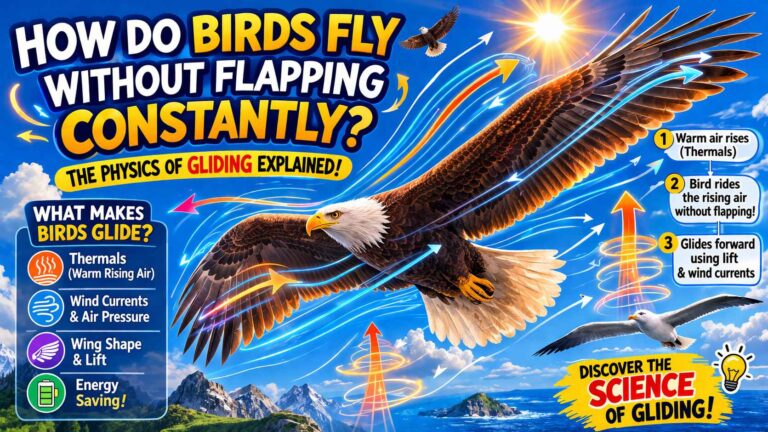 Illustration of a bird gliding in the sky with airflow arrows showing thermals and lift, explaining how birds fly without flapping in a kid-friendly way.
