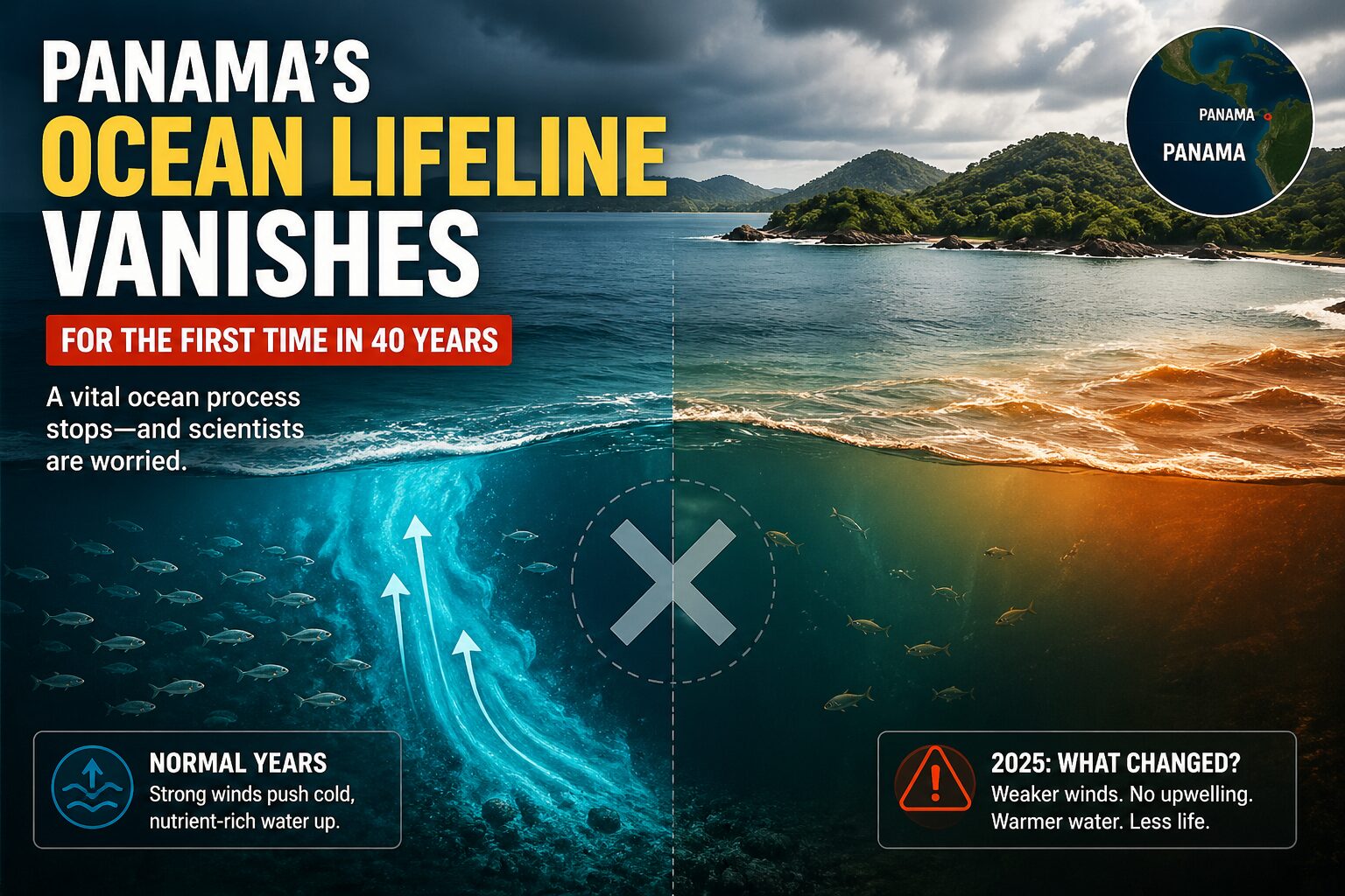 Ocean waters near Panama showing changes in upwelling and temperature