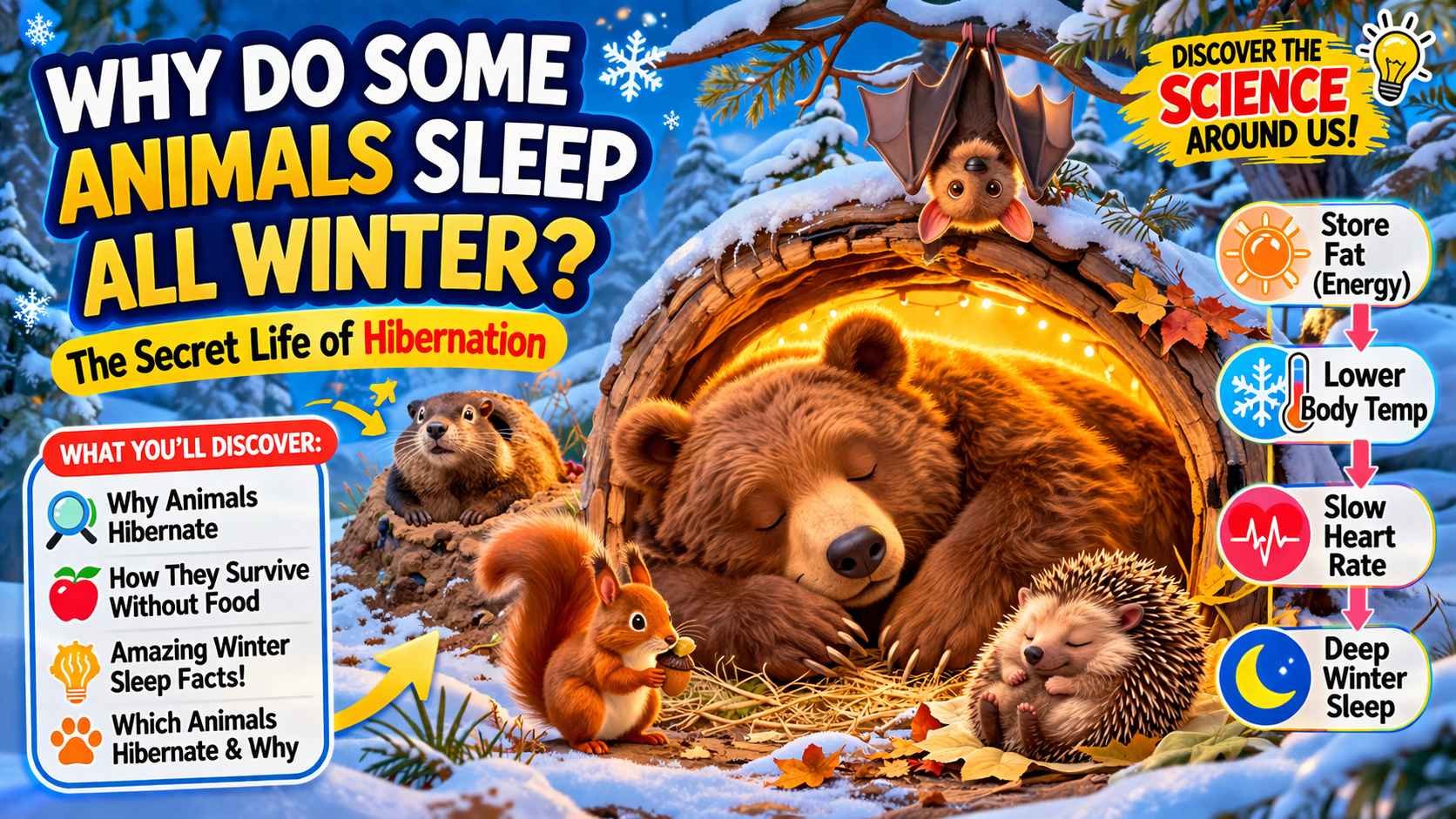 Illustration of a bear sleeping in a snowy den showing hibernation, explaining how animals survive winter in a kid-friendly way.