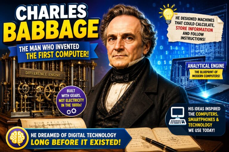 Charles Babbage designing the first mechanical computer Difference Engine illustration for kids