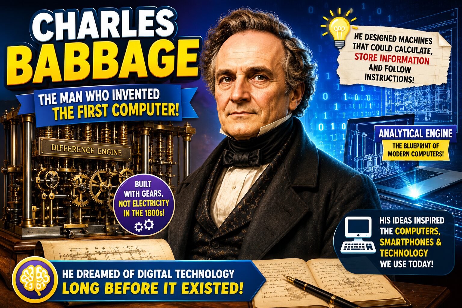 Charles Babbage designing the first mechanical computer Difference Engine illustration for kids