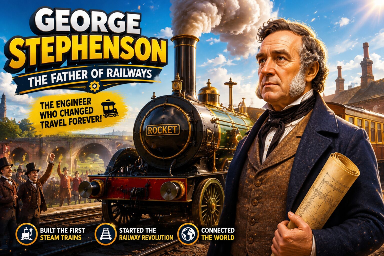 George Stephenson driving steam locomotive Rocket railway illustration for kids science article
