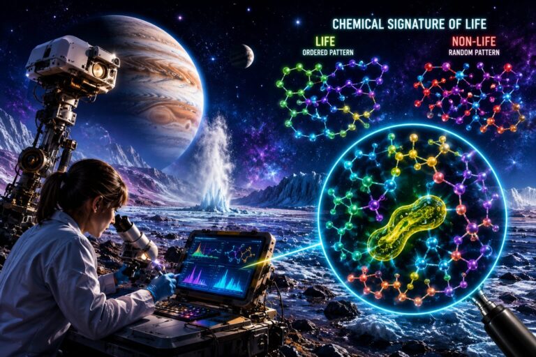Futuristic illustration of glowing molecular patterns in space representing possible alien life signatures