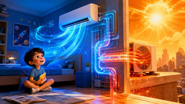 Kid discovering how an air conditioner cools a room using heat transfer science