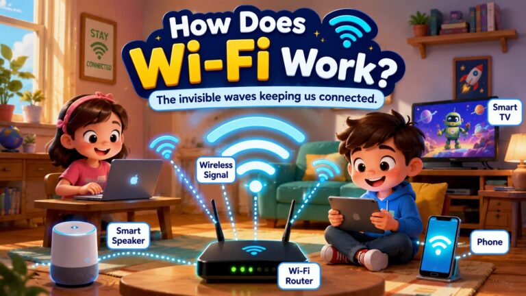 Colorful 3D illustration of kids using devices connected to a Wi-Fi router with glowing wireless signals showing how Wi-Fi works.