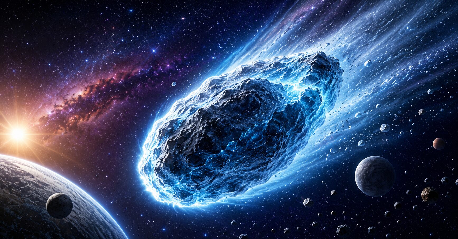 Illustration of the interstellar comet 3I/ATLAS glowing in deep space with icy blue light and planets in the background
