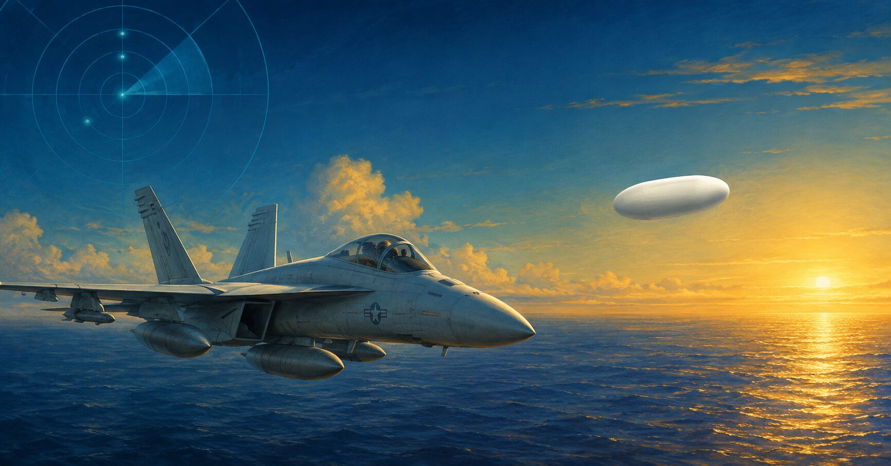 Illustration of a US Navy F/A-18 jet chasing the Tic Tac UAP over the Pacific Ocean in 2004 — Sky Mysteries UAP Science for kids