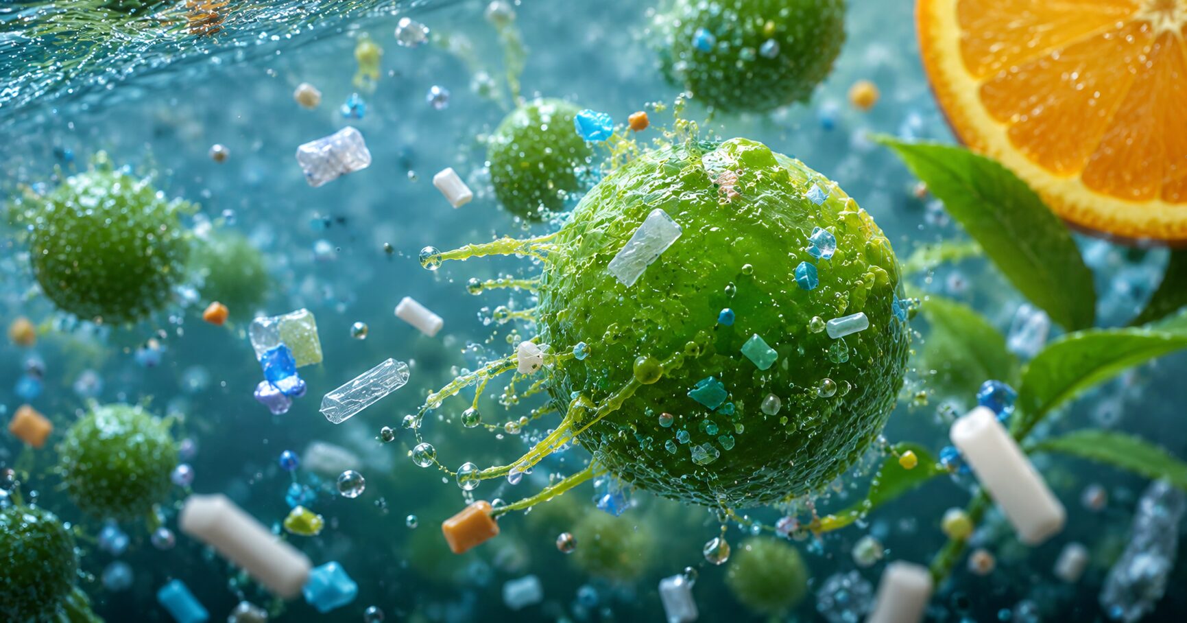 Illustration of green algae trapping tiny microplastics inside polluted water
