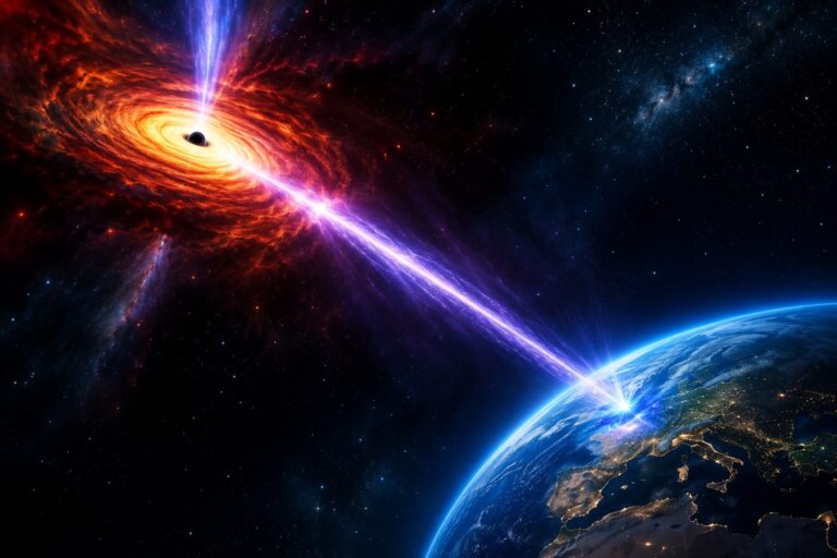 Illustration of powerful neutrino traveling from blazar black hole toward Earth