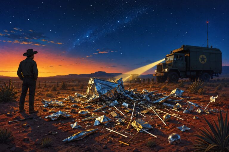 Illustration of the Roswell desert at night showing mysterious debris from the 1947 incident — Sky Mysteries UAP Science