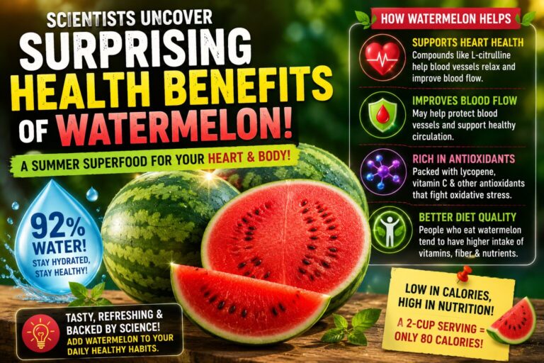 Bright watermelon slices with glowing heart and nutrient effects in a colorful science illustration
