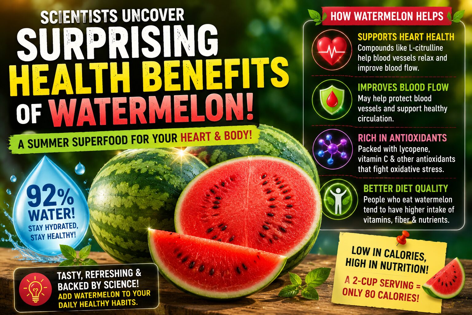 Bright watermelon slices with glowing heart and nutrient effects in a colorful science illustration