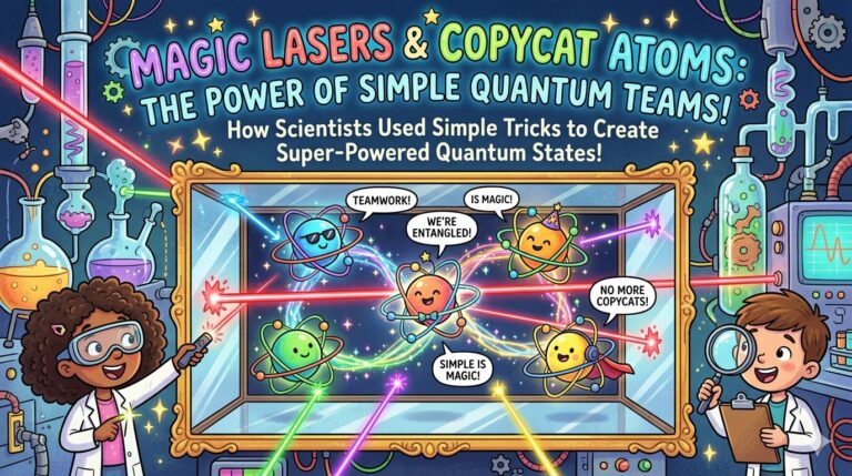 Cartoon illustration of two kid scientists in a physics lab looking at happy, entangled quantum atoms inside a mirror box hit by colorful lasers.
