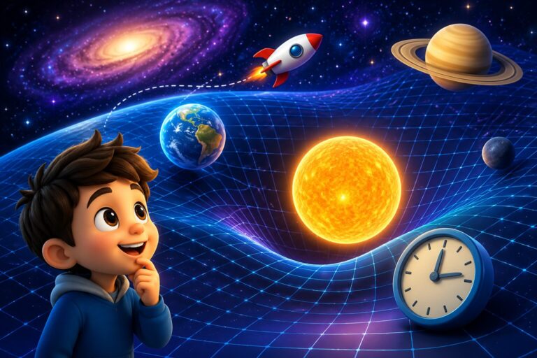 Illustration showing warped space-time around galaxies and clocks in deep space