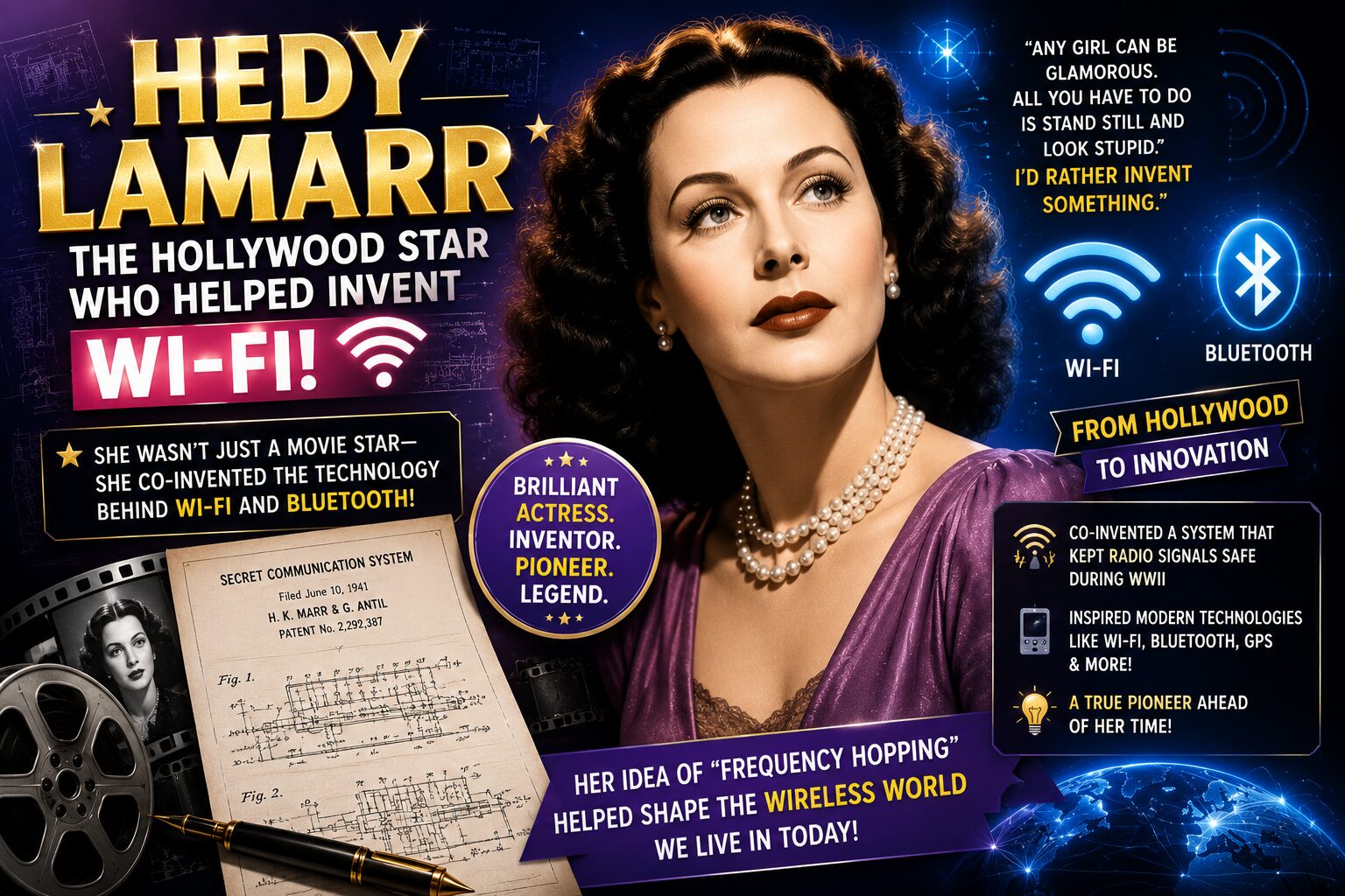 Hedy Lamarr inventor of wireless communication technology illustration for kids science article