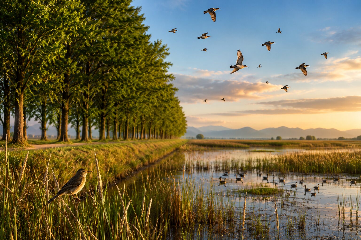 Wetland birds flying over open grassland near tree shelterbelts