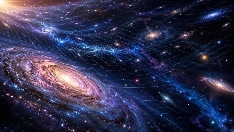 A colorful 3D illustration of the expanding universe showing a glowing spiral galaxy in the foreground and distant galaxies moving farther apart as space expands.