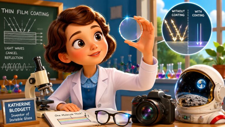 Katharine Blodgett holding invisible glass lens in colorful science laboratory illustration for kids
