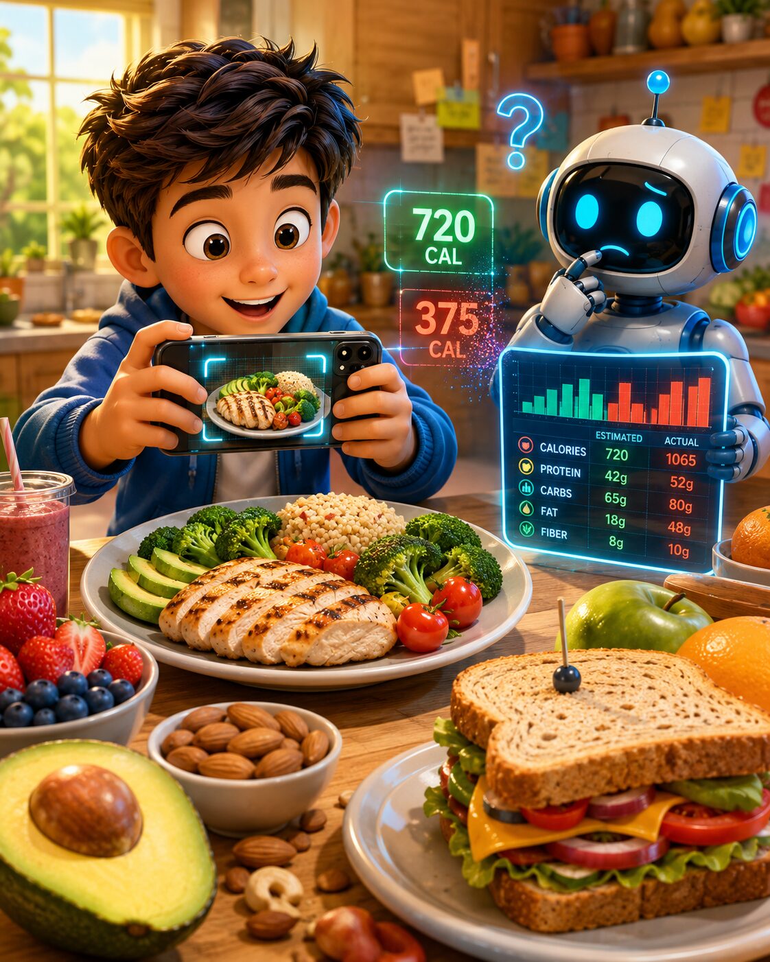 A child uses an AI-powered smartphone app to estimate calories from a healthy meal while a friendly robot compares nutrition information in a colorful kitchen.