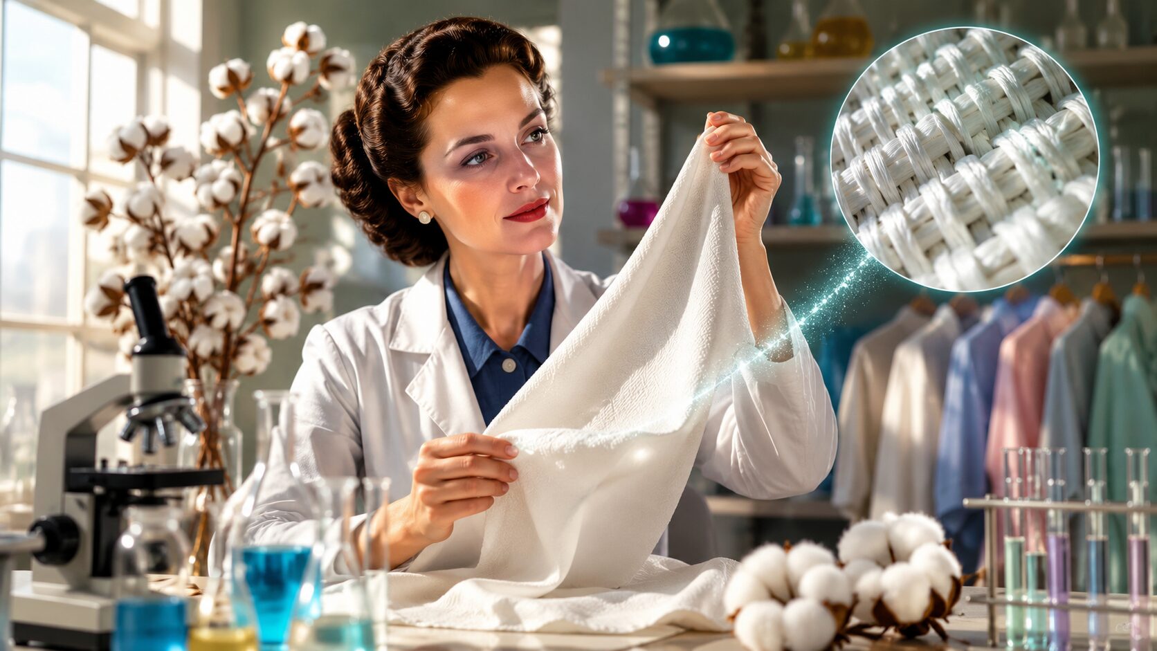 Ruth Benerito chemist improving wrinkle-resistant cotton clothes illustration for kids