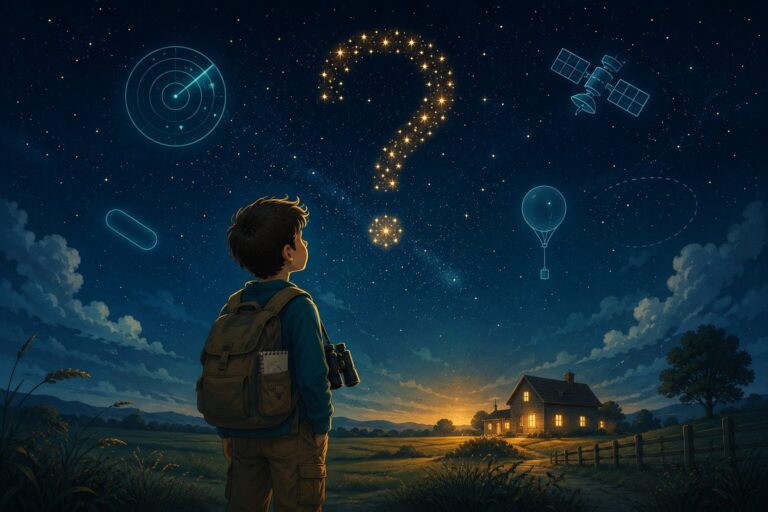Illustration of a curious child looking up at a starry night sky with glowing question marks and UAP icons — What Is a UAP explained for kids
