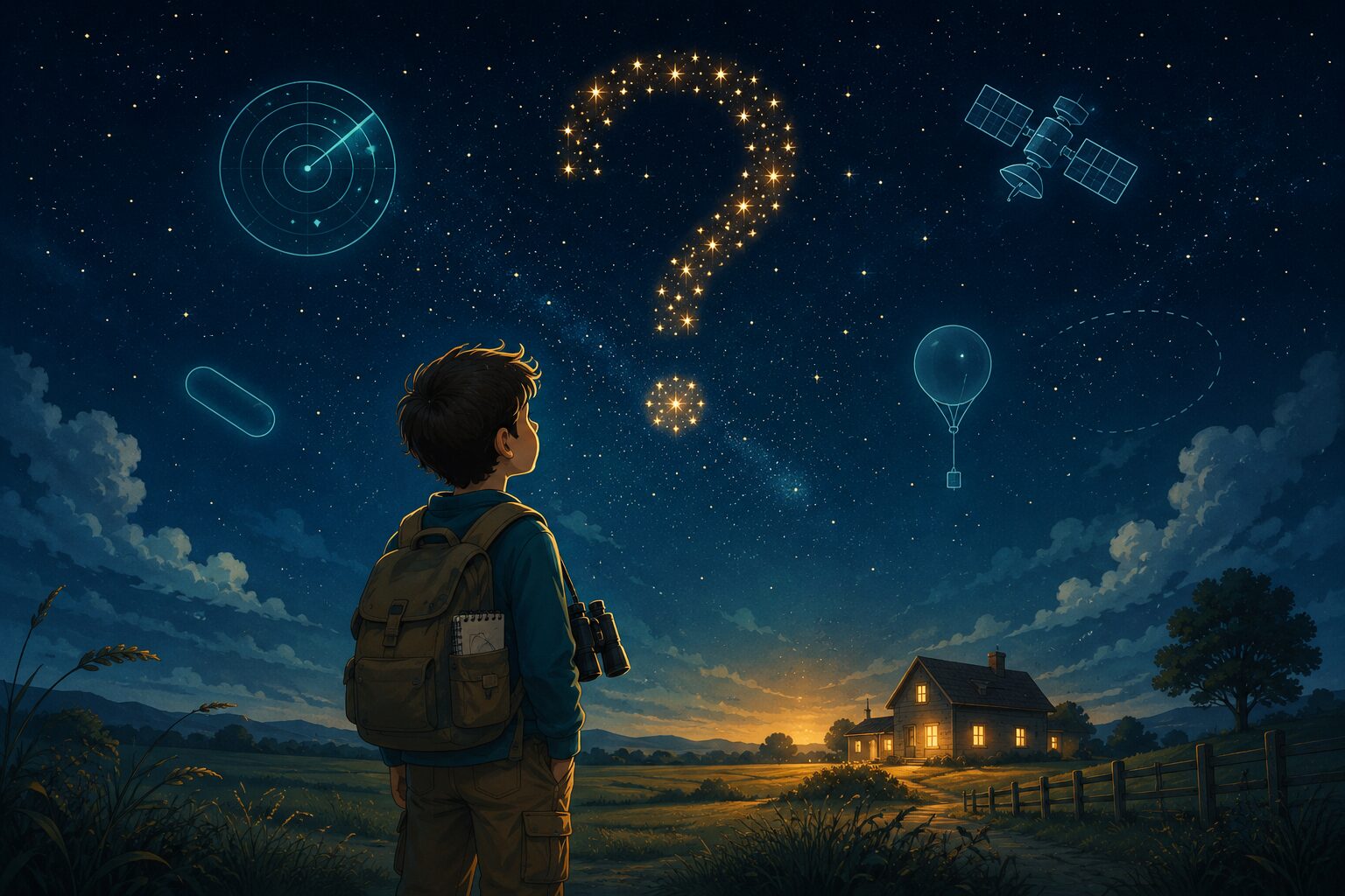 Illustration of a curious child looking up at a starry night sky with glowing question marks and UAP icons — What Is a UAP explained for kids