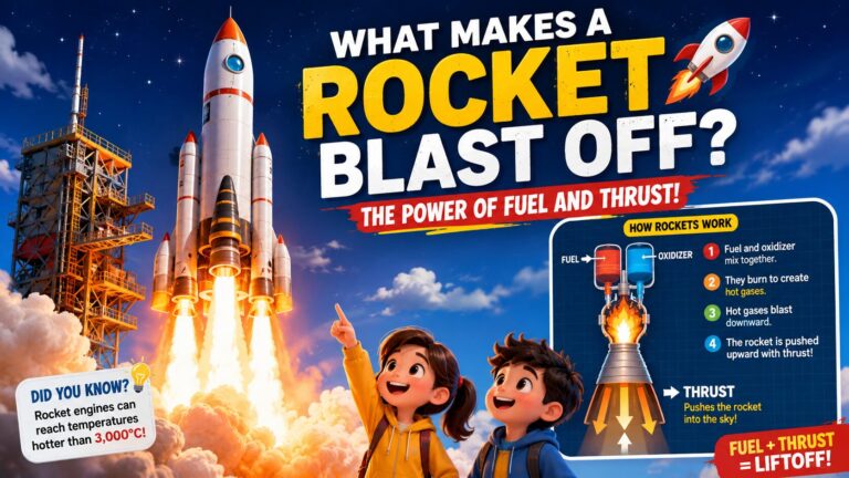 A colorful 3D illustration of a rocket blasting off from a launch pad while excited children learn how fuel and thrust power rockets into space.