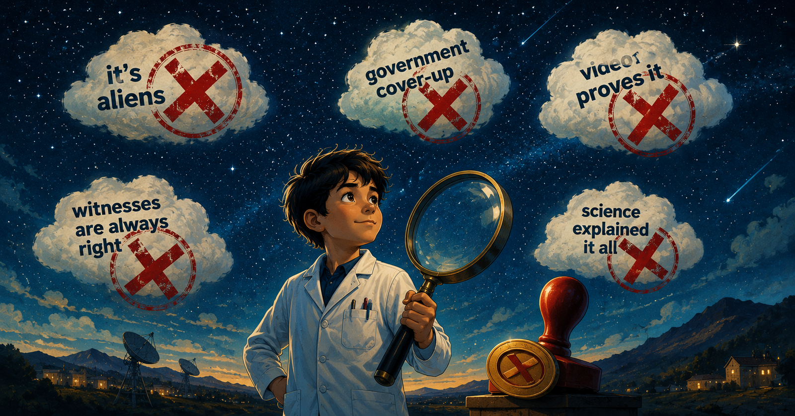 Illustration of five myth-busting stamps over UAP misconceptions with a curious child scientist holding a magnifying glass — UAP myths debunked for kids
