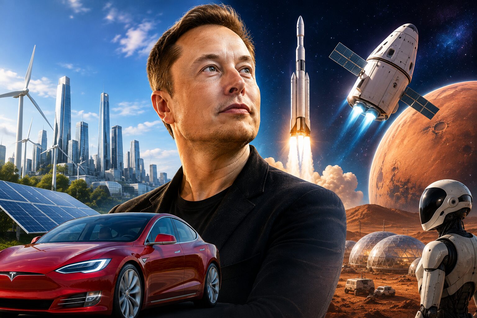 Elon Musk with a reusable rocket, electric car, and Mars exploration technology