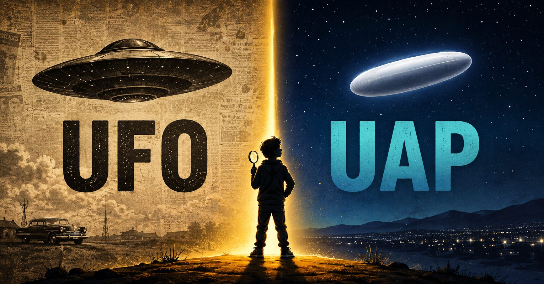 Split illustration showing retro UFO label on one side and modern UAP label on the other, with a curious child in the middle — UFO vs UAP explained for kids