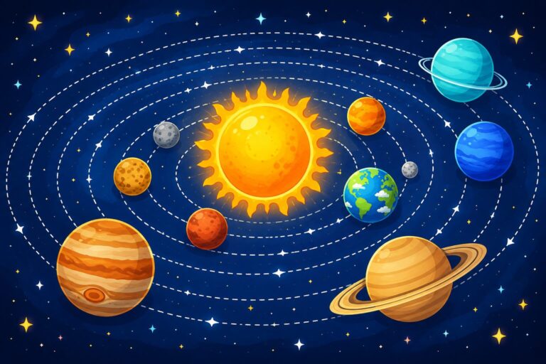 Illustration of planets orbiting the Sun on curved paths, showing how gravity keeps them in orbit