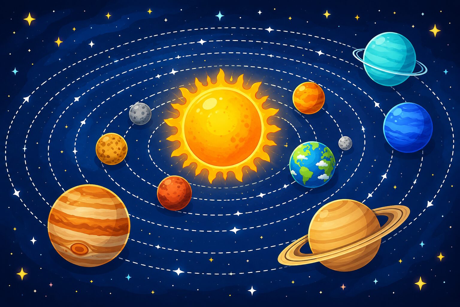 Illustration of planets orbiting the Sun on curved paths, showing how gravity keeps them in orbit